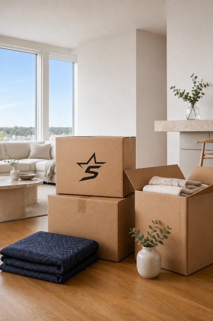 Star-S branded moving boxes in a bright living room with packing supplies