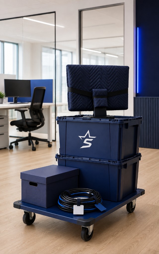 Star-S office move: protected monitor, crates and furniture dolly in a modern office