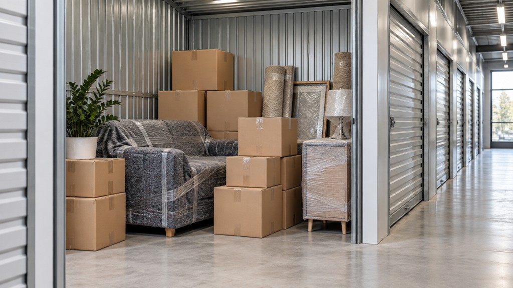 Furniture and boxes in a storage unit for temporary storage during a move